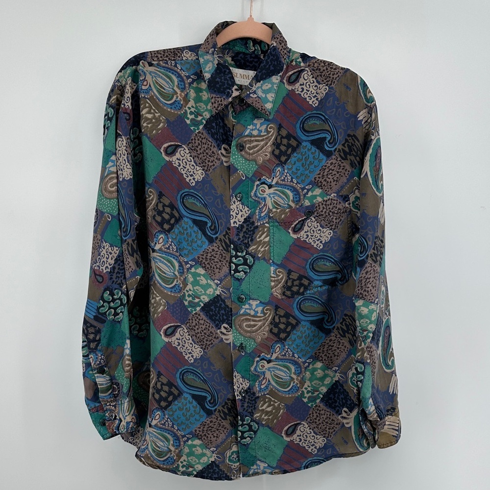 VTG 90s Summa Silk Retro Multicolor Paisley ButtonDown Patchwork Style Shirt SZS